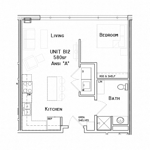 Floor plan for studio, 1 bath, 580 sqft